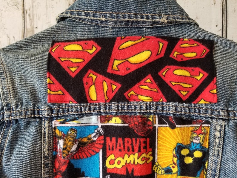 Boys or Girls Size 56 Marvel Comics Jean Jacket-Embellished Denim Jacket-Unisex Upcycled Jean Jacket-Birthday Gift-One of a Kind Jean Coat