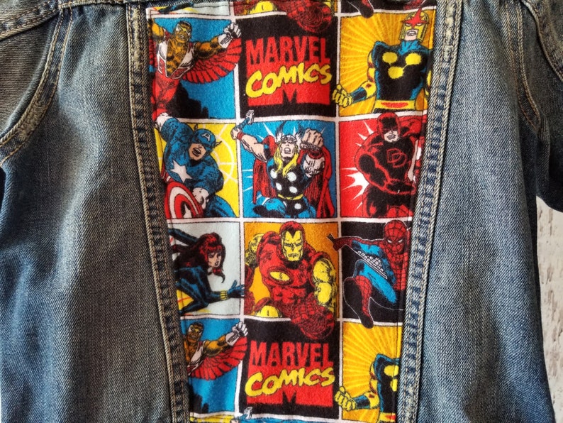 Boys or Girls Size 56 Marvel Comics Jean Jacket-Embellished Denim Jacket-Unisex Upcycled Jean Jacket-Birthday Gift-One of a Kind Jean Coat