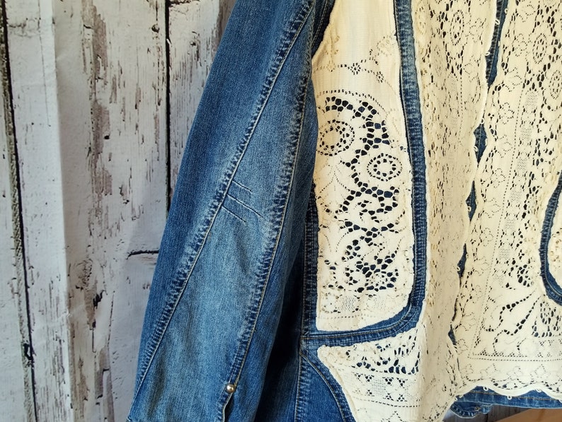 Plus Size 1820 Embellished Jean Blazer-Upcycled Woman/'s Denim Vintage Jacket-Ladies Coat-Plus Size Jean Blazer-Ladies Denim-Birthday Gift