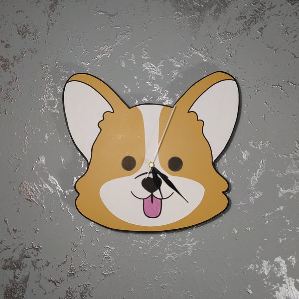 Corgi dog, cartoon character, handmade wooden wall clock
