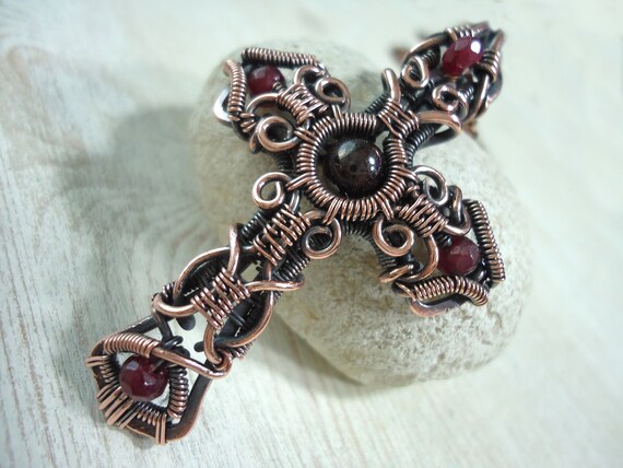 Garnet Cross Pendant Copper Jewelry 