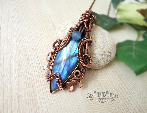 Labradorite Crystal Necklace Chakra Healing Pendant Mother\u2019s Day Gift Idea Brass Wire Wrapped Necklace