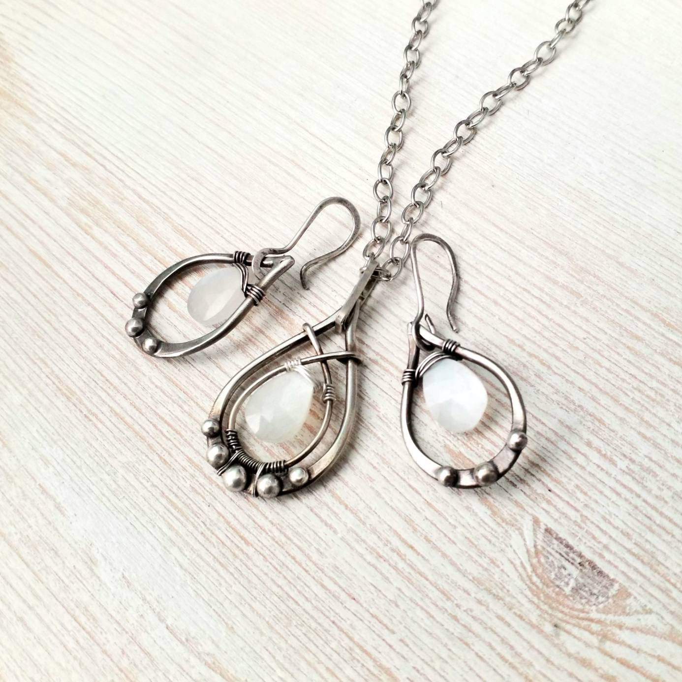 Silver wire wrap moonstone set pendant and earrings silver | Etsy