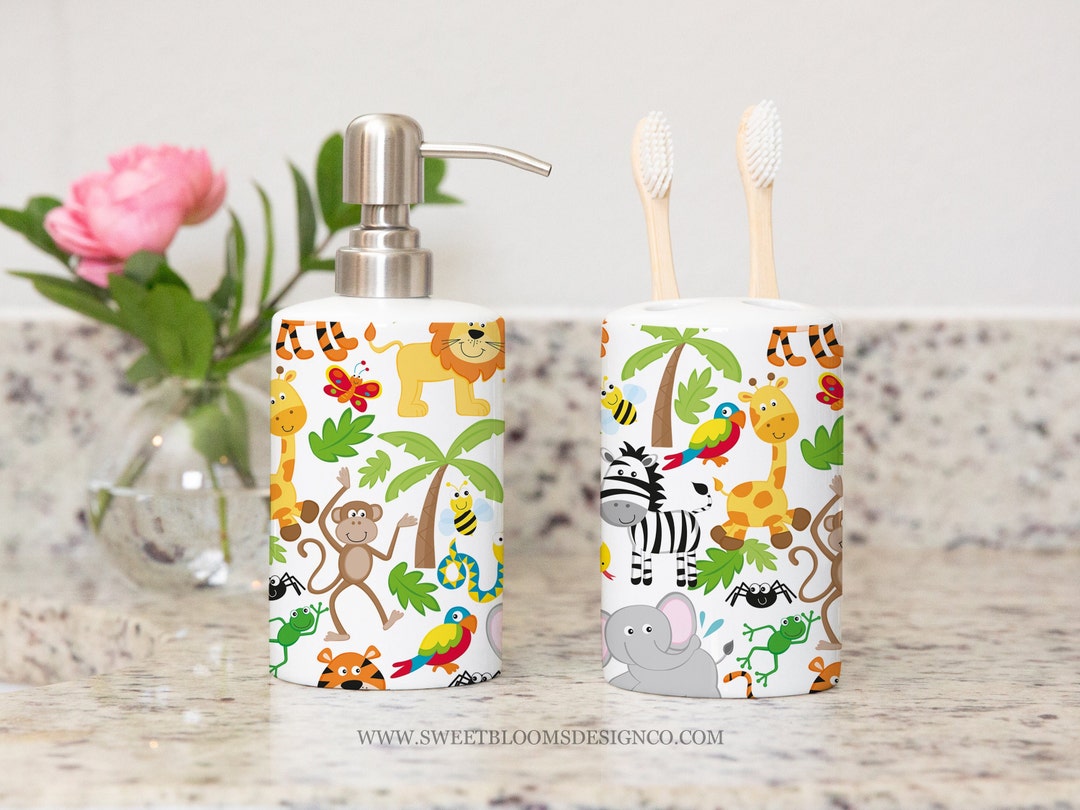 Safari Animals Kids Toothbrush Holder Soap Dispenser Set, Jungle Zoo