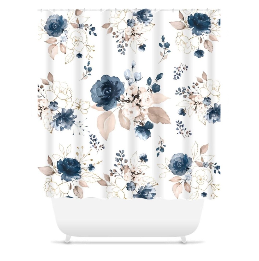 Navy Floral Shower Curtain, Navy Blue Blush Gold Watercolor Flowers