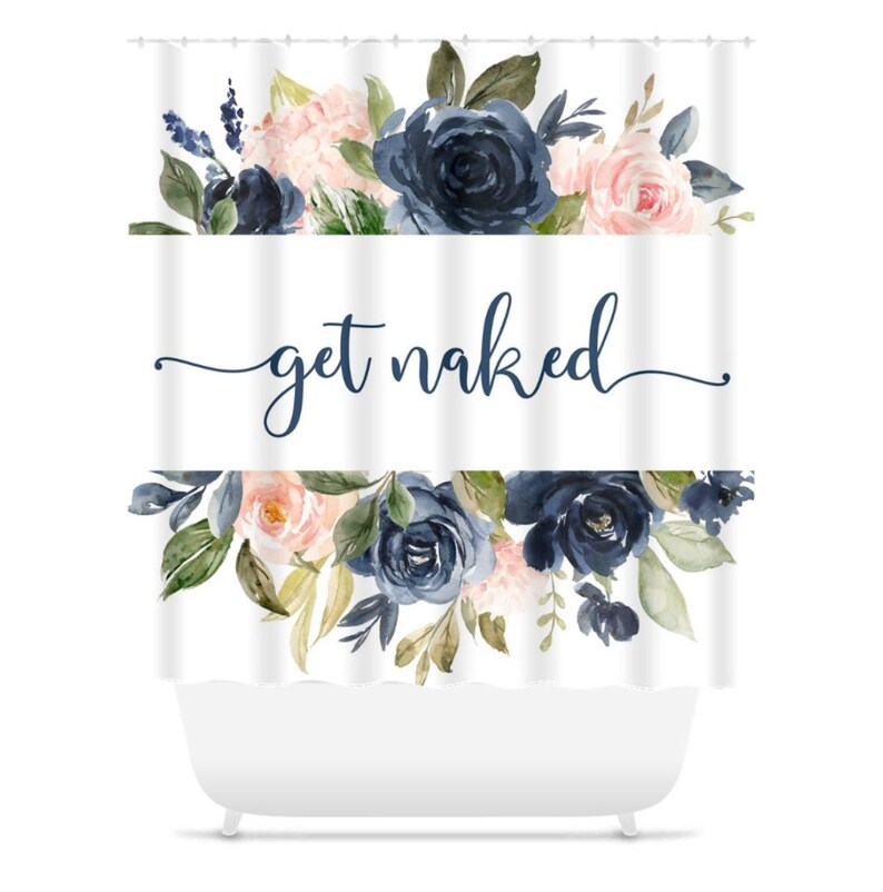 Get Naked Floral Shower Curtain Navy Blue Blush Pink Gold Etsy