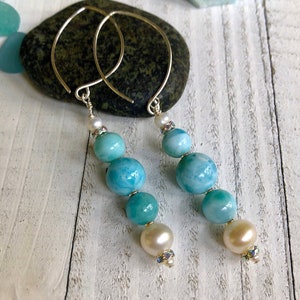 LARIMAR, Earrings, Dolphin Stone, Atlantis Stone, Freshwater pearls, Sterling, Boho, Tropical, Beach, Calming, Earth Balance,Positive Energy