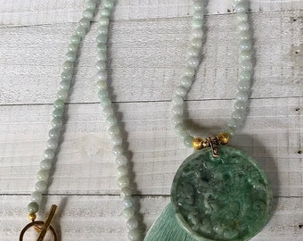 Peace and Harmony Beaded Tassel Necklace Peace Jade Mint Green
