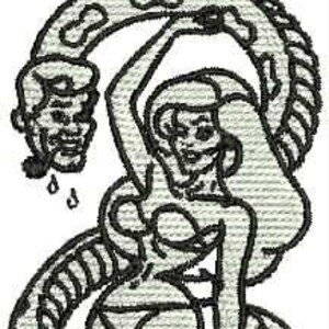 May include: Black and white line art illustration of a woman wrapped around by a snake. The woman is wearing a bikini and has long hair. The snake is coiled around her body and has a detailed pattern.