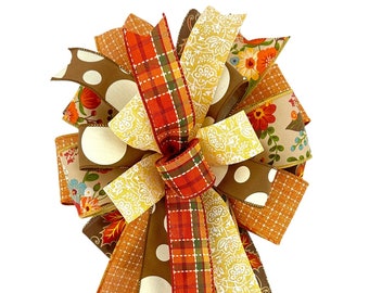 Decorative Seasonal Bow For Fall Decor • Fall Floral Bow With Long Tails • Autumn Bow For Signs Lanterns Wreaths • Front Door Hanger