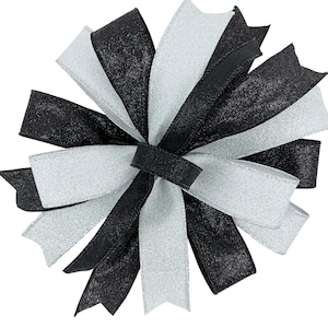 Sparkle Black And Silver Bow For Wreath • Special Occasion Decorative Bow • Anniversary Or Wedding Gift Wrapping • Black Silver Door Hanger
