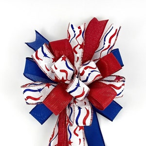 Red White Blue Patriotic Bow For Wreaths Or Signs Or Lanterns • Fourth Of July Or Memorial Day Bow With Tails • Patriotic Bow For Front Door