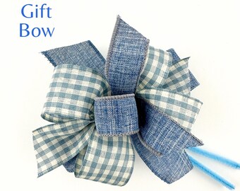 Denim Gift Topper For Small Wreaths Or Gift Baskets, Small 6 or 8" Blue Present Bow For Gift Wrapping Supplies Or DIY Projects