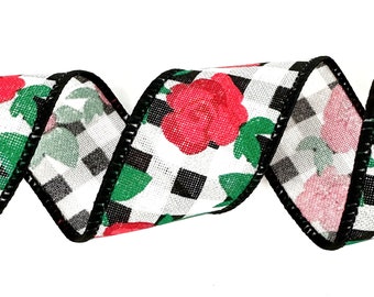 Red Roses Ribbon By The Yard For DIY Projects, Cut By The Yard Roses Ribbon For Crafts And Bows, 1.5" Ribbon Buffalo Check Ribbon