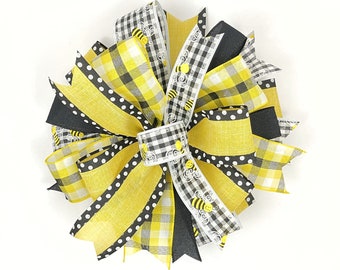 Ready-Made Bee Themed Bow For Signs Or Wreath Or Lantern, Bee Front Door Hanger And Wreath Embellishment Or Accent, Outdoor Bow