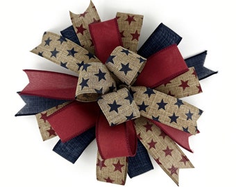 Rustic Patriotic Stars Bow For Front Door Or Outdoor Bow • Rustic Fourth Of July Or Memorial Day Bow For Signs Or Wreaths Or Lanterns