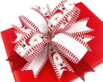 Red And White Santa Gift Topper, Small Santa Wreath Or Sign Or Lantern Bow • Gift Wrapping Supplies • Holiday Gift Basket Bow