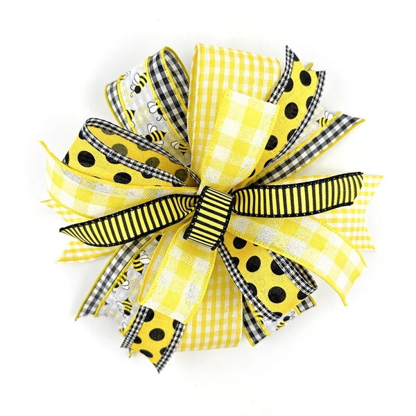 Yellow And Black Bee Front Door Hanger And Wreath Embellishment, Ready-Made Bee Themed Bow For Signs Or Wreath Or Lantern, Outdoor Bow