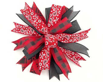 Red and Black Wreath Or Lantern Bow, Farmhouse Wreath Bow, Wreath Embellishment And Accessory, Front Door Hanger, Red Bow For Wreaths