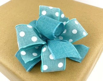 Small Turquoise Polka Dot Present Bow For Gift Wrapping Supplies Or DIY Projects, 6" Turquoise Gift Topper For Small Wreaths Or Gift Baskets