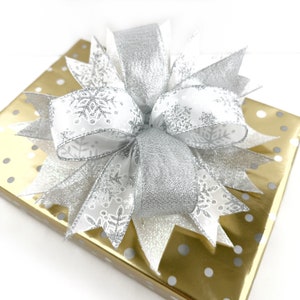 6 or 9 Inch Snowflake Gift Topper • Small Silver Wreath Or Sign Or Lantern Bow • Gift Wrapping Supplies • Small Winter Wreath Bow