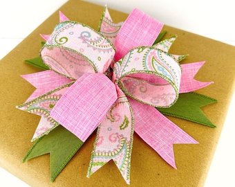 Pink And Green Gift Topper For Gifts And Gift Baskets, Pink And Green Bow For Signs Or Small Wreaths Or Lanterns, Gift Wrapping Supplies
