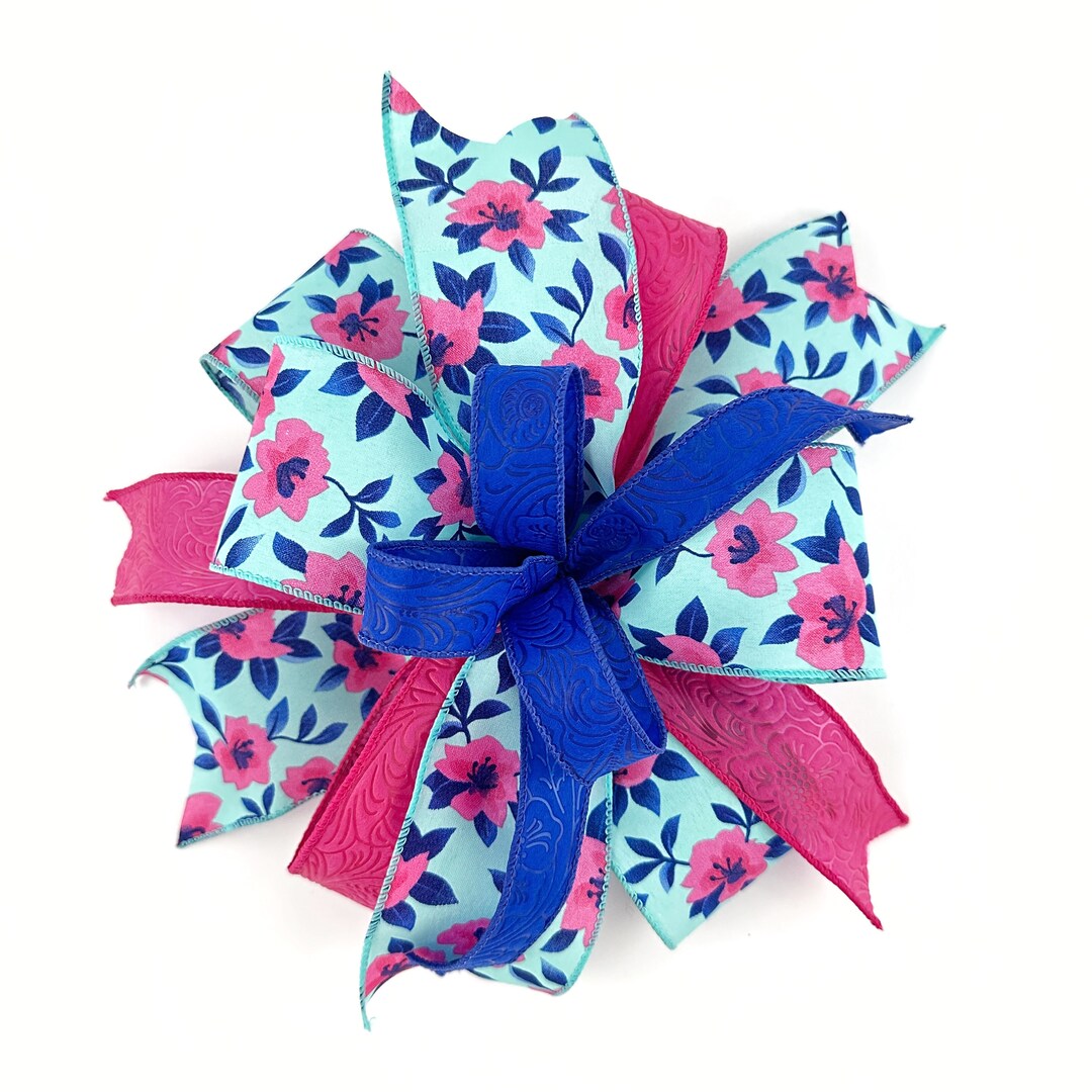 Ready Made Blue and Pink Floral Wreath or Sign or Lantern Bow • Spring ...