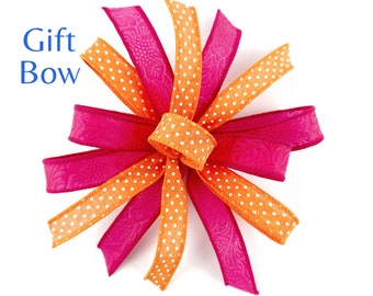 Small Pre-made Hot Pink And Orange Decorative Bow For Gift Baskets Or Small Wreaths Or Signs, Fuchsia And Orange Gift Bow