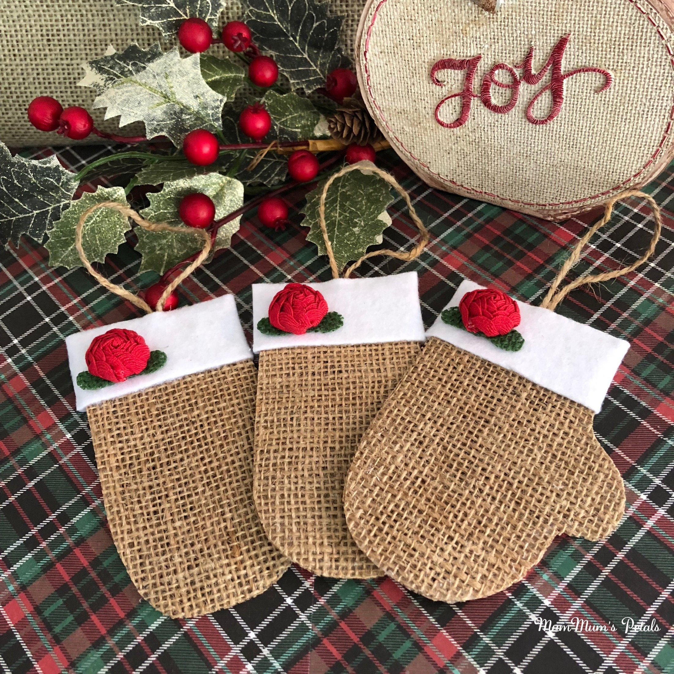 Set of 3 Christmas Mitten Ornaments Burlap Mittens Christmas | Etsy