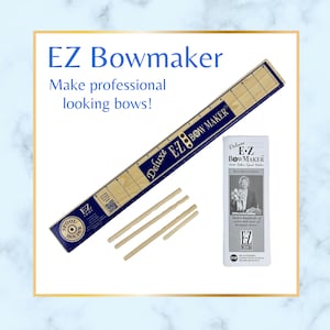May include: A wooden ruler with a blue and white label that says "Deluxe E-Z Bow Maker". The ruler is used to make bows. There are also four wooden dowels and a set of instructions for the bow maker.