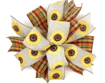 Ready Made Wire Edged Fall Sunflower Wreath Or Lantern Bow • Seasonal Bow For Fall Decor • Outdoor Bow