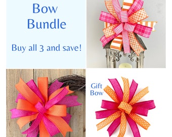 Hot Pink And Orange Gift Bow Bundle, Coordinated Fuchsia And Orange Bows Set, Bows For Gifts Wreaths Signs Lantern And More