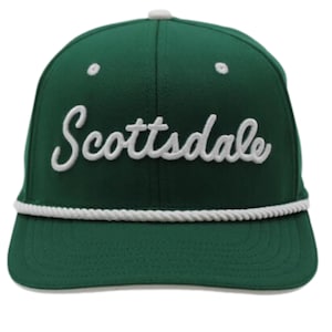 May include: A green baseball cap with a white rope trim and white embroidered text that says "Scottsdale".