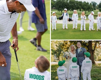 KIDS CADDIE UNIFORM Custom Golf Toddler Child Children Coverall Suit Boiler Caddy Halloween Baby Uniform Bib White Custom Name Birthday
