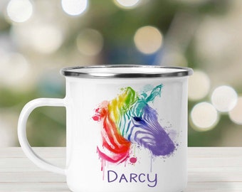 Personalised paint zebra enamel mug, children's mug, gifts for kids, camping mug, enamel cup birthday gift for children, rainbow zebra  gift