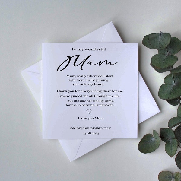 Personalised wedding day card for mum, thank you wedding day cards to mum, to mum on my wedding day card, card for mum wedding day