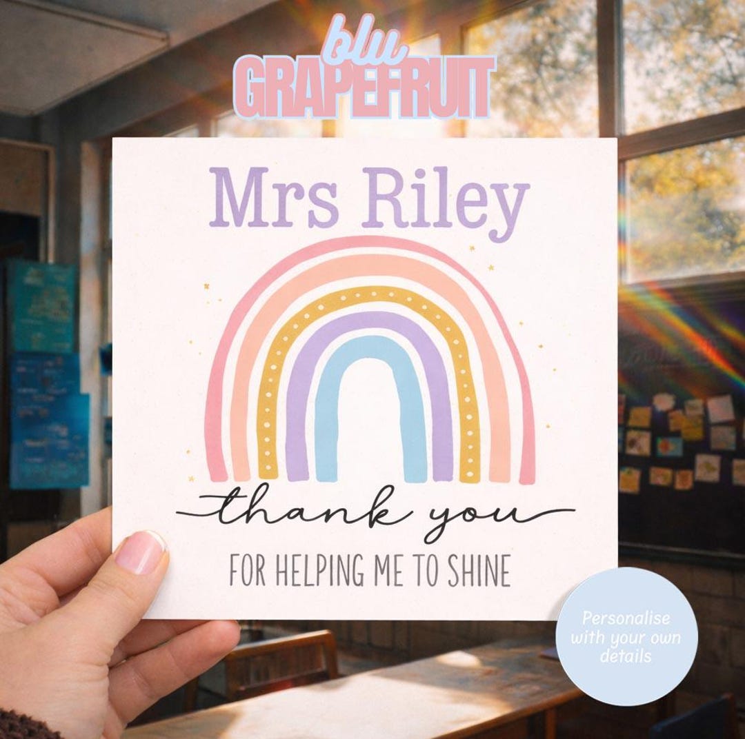 Personalised Rainbow Teacher Thank You Card, End of Term Gift ...