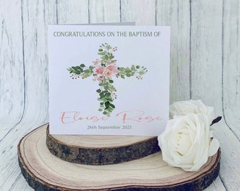 Personalised Christening card, Baptism girl, Christening eucalyptus cross