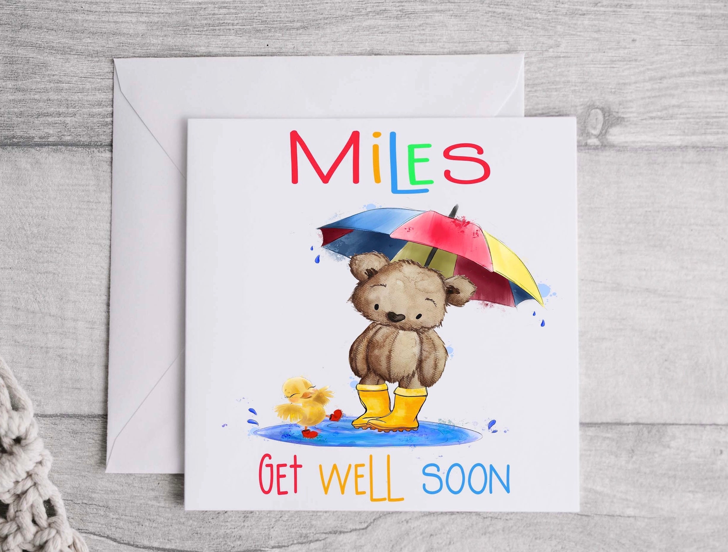 Personalised Get Well Soon Card - Teddy Bear with Heart - Any Name/Any  Message