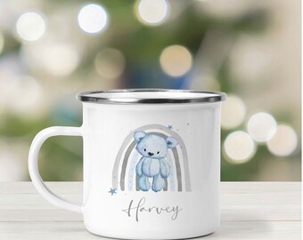 Personalised blue bear enamel mug, children's mug, gifts for kids, camping mug, enamel cup birthday gift for children, cute teddy bear gift