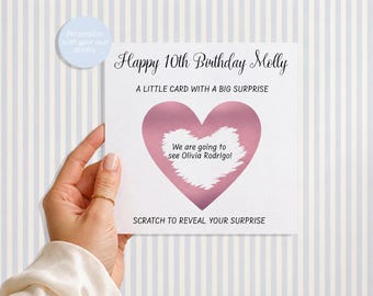 Personalised Scratch Reveal Card, Birthday Concert Surprise, Custom Message Heart (148x148mm)