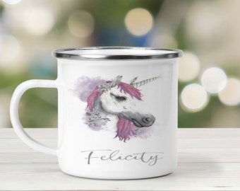 Personalised pink purple unicorn enamel mug, children's mug, gifts for kids, camping mug, enamel cup birthday gift for children, unicorn