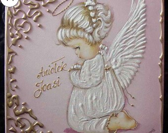 ANIOŁEK Obrazek na płótnie Dedykacja Roczek Narodziny PAMIĄTKA Prezent CHRZEST św. ręcznie malowany obraz Anioł z imieniem Personalizowany