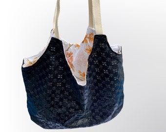 Faux leather reversible bag plain black or floral design