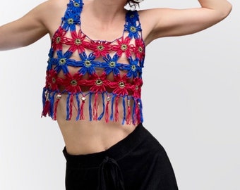 Crocheted crop top flowers, crop top fringed pearls decorated, top beach blue red