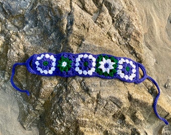 Flower headband Granny Square headband crocheted headband Blue festival hair accessory Granny Square hairstyle Festival headband