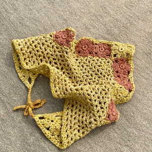 Bandana crocheted plant-dyed hemp yarn yellow granny squares hair towel handmade gift summer girlfriend sun protection hair gentle cloth image 8