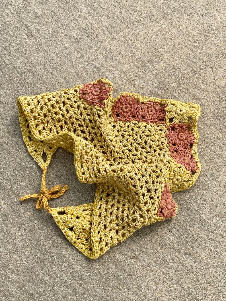 Bandana crocheted plant-dyed hemp yarn yellow granny squares hair towel handmade gift summer girlfriend sun protection hair gentle cloth image 8