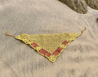 Crocheted hemp bandana in yellow with floral border