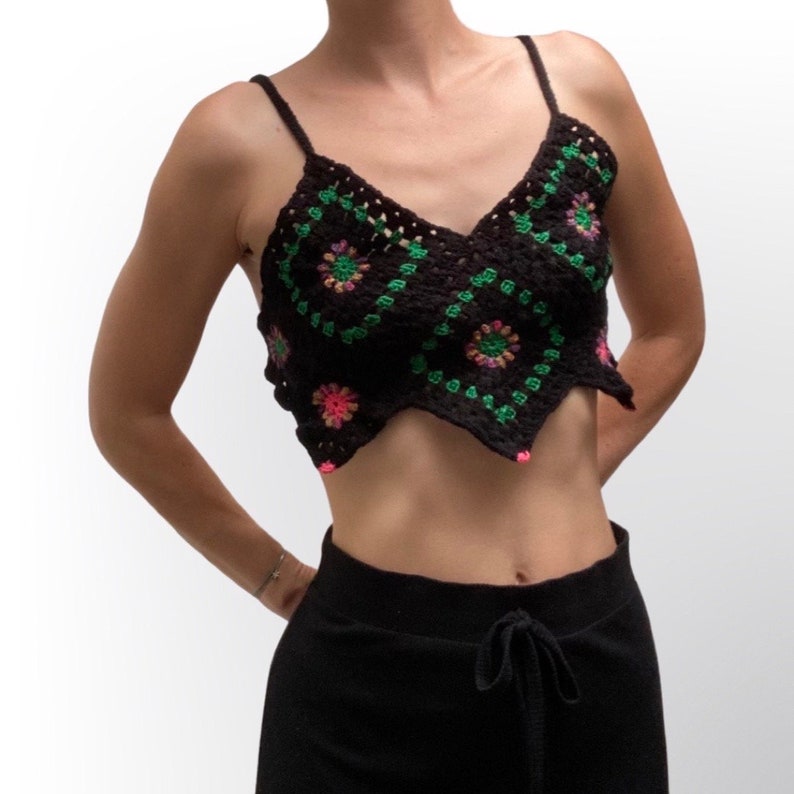 Top Granny Square Flowers Crocheted Short Top Black Summer Beach Top Handmade Gift Girlfriend Holiday Unique Item Clothing image 2